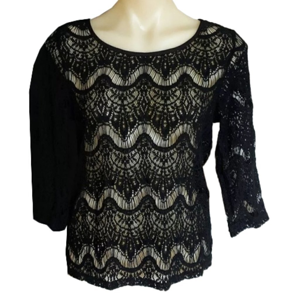 ❤️ 🆕 FOREVER 21 Stunning black lace long sleeved top exposed zip lace Size L